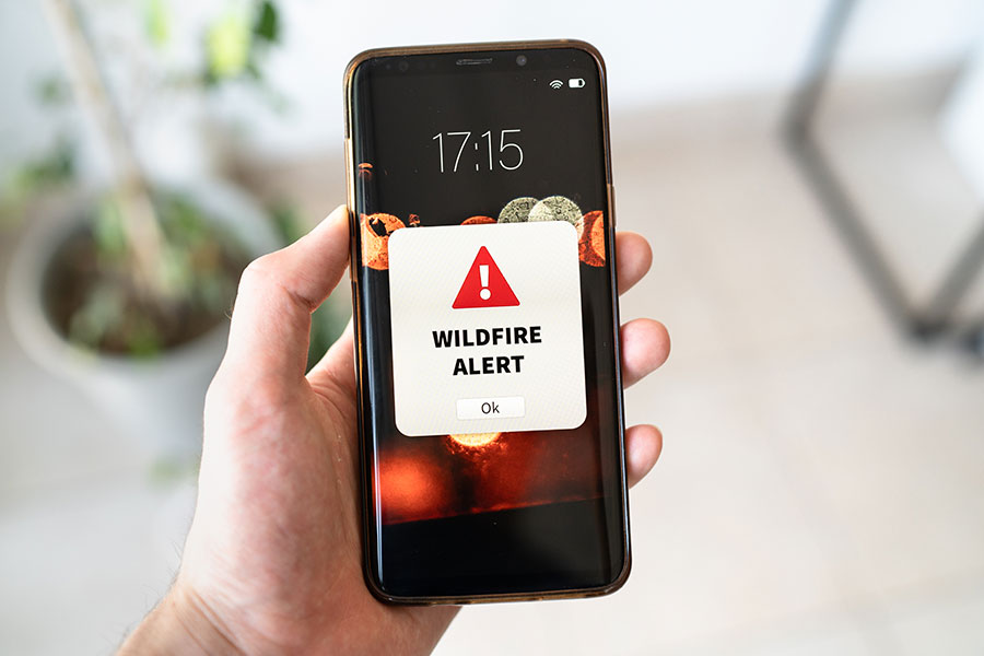 A hand holding a cell phone with an alert that reads "WILDFIRE ALERT."